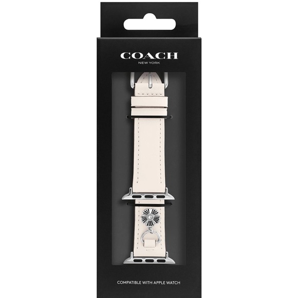 Coach Women's Leather Apple Watch Strap: Chalk White With Silver Tea Rose Charm - Picture 1 of 6